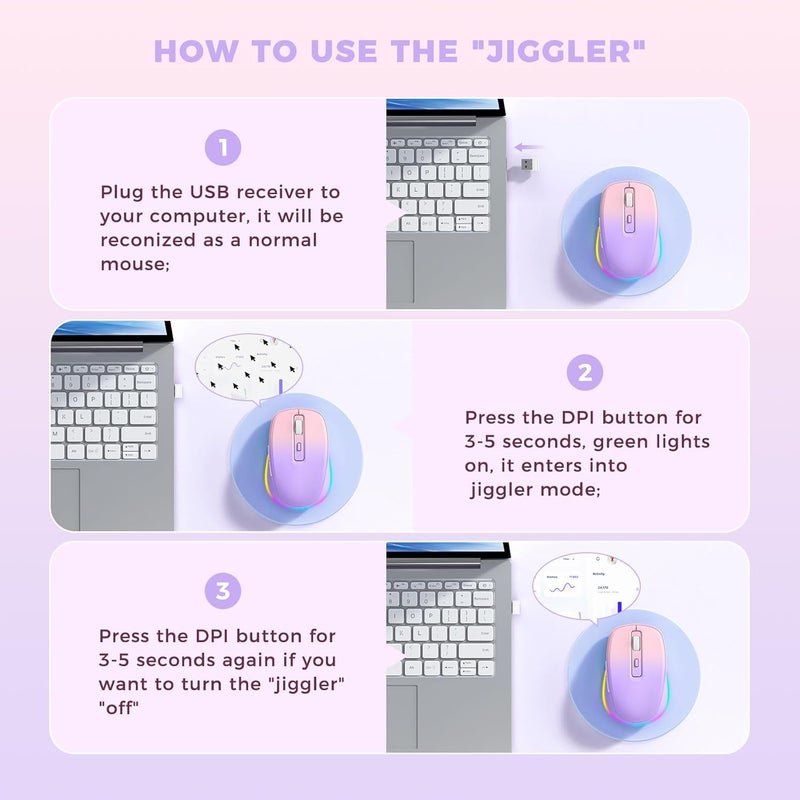 EPEIUS Wireless Mouse Jiggler - LED Wireless Mice with Build-in Mouse Mover, Rechargeable Moving Mouse for Laptop with Undetectable Random Movement Keeps Computers Awake - Purple to Pink - Image 2